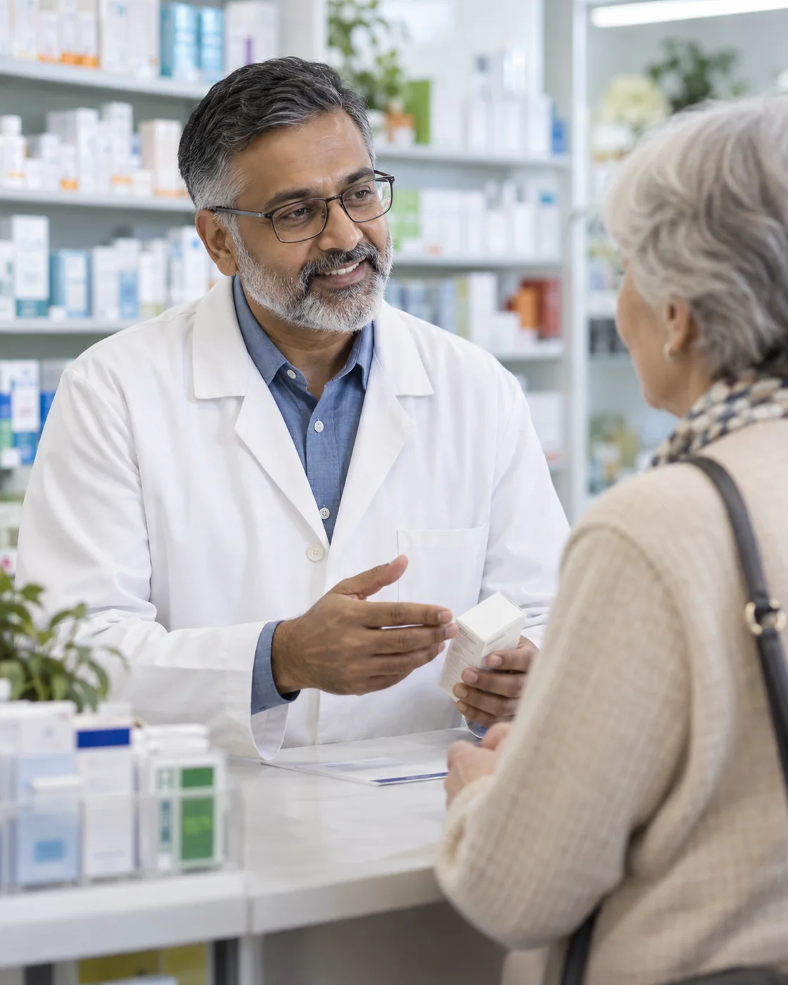 Un farmacista assiste una cliente al banco in farmacia.