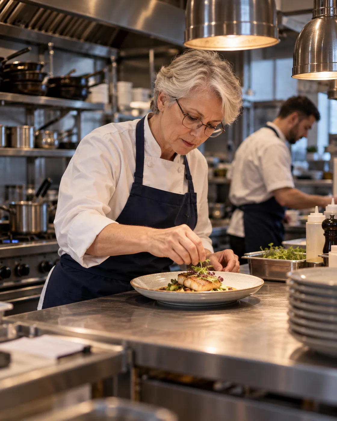 Una chef esperta prepara un piatto al pass della cucina.