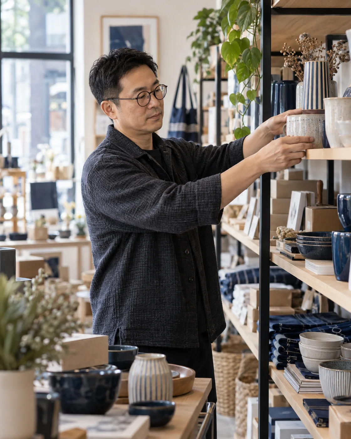 Un commerciante sistema ceramiche sugli scaffali del suo negozio.